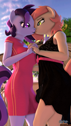 Size: 1080x1920 | Tagged: safe, artist:anthroponiessfm, imported from derpibooru, oc, oc:atari, oc:raven storm, anthro, 3d, anthro oc, clothes, cute, dress, female, holding hands, kissing, lesbian, looking at each other, oc x oc, romantic, shipping, source filmmaker