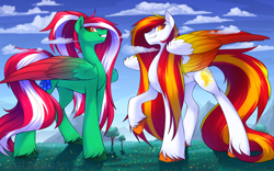 Size: 1300x813 | Tagged: safe, alternate version, artist:scarlet-spectrum, imported from derpibooru, oc, oc:diamond sun, oc:spring wind, pegasus, pony, cloud, colored, colored wings, commission, concave belly, female, giant pegasus, giant pony, giantess, gradient wings, hair physics, hoof fluff, hooves, large wings, long mane, long tail, looking at you, looking down, looking down at you, macro, mare, meadow, mountain, mountain range, multicolored wings, partially open wings, raised hoof, shading, side view, sky, slim, smiling, standing, striped mane, striped tail, tail, tall, thin, tree, unshorn fetlocks, wings