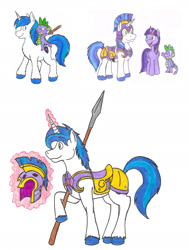 Size: 1664x2200 | Tagged: safe, artist:dingopatagonico, imported from derpibooru, shining armor, spike, twilight sparkle, dragon, pony, armor, dragons riding ponies, magic, riding, sparkle siblings, spear, spike riding shining armor, traditional art, weapon, wooden sword