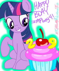 Size: 1024x1229 | Tagged: safe, artist:xxfluffypachirisuxx, imported from derpibooru, twilight sparkle, pony, cupcake, food, looking down, raised hoof, simple background, smiling, solo, transparent background