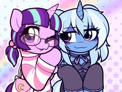 Size: 1679x1264 | Tagged: safe, artist:moozua, imported from derpibooru, starlight glimmer, trixie, pony, unicorn, alternate hairstyle, blushing, bow, choker, clothes, cute, diatrixes, duo, female, glasses, glimmerbetes, horn, lesbian, looking at you, meganekko, one eye closed, purse, shipping, smiling, startrix, sweater, turtleneck, wink
