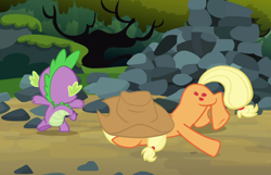 Size: 1240x800 | Tagged: safe, imported from derpibooru, screencap, applejack, spike, dragon, season 3, spike at your service, cropped, duo, female, male, mare