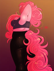 Size: 1200x1575 | Tagged: safe, artist:unfinishedheckery, imported from derpibooru, pinkie pie, anthro, earth pony, breasts, busty pinkie pie, chubby, clothes, digital art, female, implied tail hole, pants, rear view, sideboob, simple background, solo, sports bra, tail, tanktop