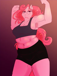 Size: 1200x1575 | Tagged: safe, artist:unfinishedheckery, imported from derpibooru, pinkie pie, anthro, earth pony, armpits, bedroom eyes, belly button, breasts, busty pinkie pie, chubby, clothes, digital art, female, flexing, looking at you, pose, shorts, simple background, solo, sports bra, tail, tanktop