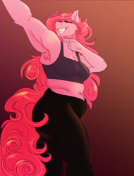 Size: 1200x1575 | Tagged: safe, artist:unfinishedheckery, imported from derpibooru, pinkie pie, anthro, earth pony, armpit hair, armpits, belly button, breasts, busty pinkie pie, chubby, clothes, digital art, eyes closed, female, pants, pose, simple background, smiling, solo, sports bra, tail, tanktop