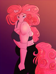 Size: 1200x1575 | Tagged: safe, artist:unfinishedheckery, imported from derpibooru, pinkie pie, anthro, earth pony, breasts, busty pinkie pie, chubby, clothes, digital art, eyes closed, female, pants, pose, simple background, smiling, solo, tail, tanktop