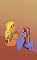 Size: 1170x1890 | Tagged: safe, artist:unfinishedheckery, imported from derpibooru, applejack, rainbow dash, anthro, earth pony, pegasus, appledash, blushing, breasts, clothes, digital art, duo, duo female, female, jacket, lesbian, looking at each other, shipping, shirt, simple background, spread wings, wings