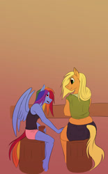 Size: 1170x1890 | Tagged: safe, artist:unfinishedheckery, imported from derpibooru, applejack, rainbow dash, anthro, earth pony, pegasus, appledash, ass, blushing, breasts, butt, clothes, digital art, drunk, drunk aj, drunker dash, duo, duo female, eyes closed, female, implied tail hole, jacket, lesbian, rear view, shipping, shirt, shorts, simple background, sitting, spread wings, tail, wings