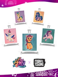 Size: 450x600 | Tagged: safe, imported from derpibooru, hitch trailblazer, izzy moonbow, pipp petals, sunny starscout, zipp storm, cork & chroma, g5, mane five (g5), my little pony: a new generation, my little pony: a new generation logo, official, painting, pony history, traditional art