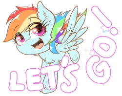 Size: 1800x1421 | Tagged: safe, artist:phoenixrk49, imported from derpibooru, rainbow dash, pegasus, pony, caption, chest fluff, ear fluff, eye clipping through hair, eyelashes, happy, open mouth, simple background, solo, spread wings, text, white background, wings