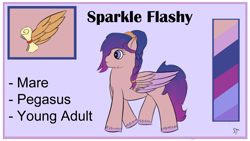 Size: 1192x670 | Tagged: safe, artist:schumette14, imported from derpibooru, oc, oc:sparkle flashy, pegasus, alternate universe, bluebelleuniverse, multiverse, next generation, offspring, parent:dusk shine, parent:flare warden, parents:duskwarden, parents:flareshine, reference, rule 63, story in the source, story included