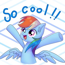 Size: 768x768 | Tagged: safe, artist:namaenonaipony, imported from derpibooru, part of a set, rainbow dash, pegasus, pony, abstract background, cool, happy, hooves in air, open mouth, solo