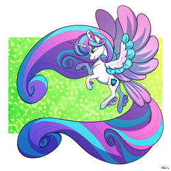 Size: 1280x1280 | Tagged: safe, artist:will-owl-the-wisp, imported from derpibooru, princess flurry heart, alicorn, pony, cloven hooves, colored hooves, colored wings, feathered fetlocks, female, long mane, long tail, mare, multicolored wings, older, older flurry heart, solo, spread wings, tail feathers, wings