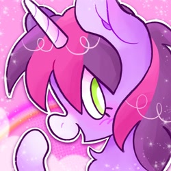 Size: 1024x1024 | Tagged: safe, artist:alexbeeza, imported from derpibooru, oc, oc only, pony, unicorn, abstract background, blushing, bust, chest fluff, colored pupils, commission, different colored horn, happy, horn, looking at something, looking back, open mouth, open smile, rainbow, smiling, solo, sparkles