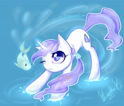 Size: 1280x1097 | Tagged: safe, artist:spidershii, imported from derpibooru, oc, oc only, fish, pony, unicorn, blue background, blue eyes, commission, digital art, glowing horn, horn, one eye closed, open mouth, signature, simple background, smiling, solo, water, wingding eyes, wink