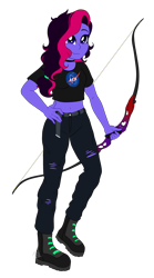 Size: 1104x1992 | Tagged: safe, artist:shamy-crist, imported from derpibooru, oc, oc only, oc:shamy, equestria girls, belly button, bow (weapon), clothes, midriff, pants, shirt, simple background, solo, transparent background