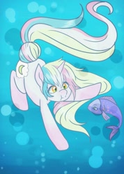 Size: 731x1024 | Tagged: safe, artist:moonsugar33, imported from derpibooru, oc, oc only, fish, pony, unicorn, blue background, bubble, crepuscular rays, female, flowing mane, flowing tail, horn, ocean, simple background, solo, sunlight, underwater, water, yellow eyes