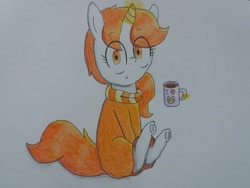 Size: 2064x1548 | Tagged: safe, artist:cherro, imported from derpibooru, oc, oc only, oc:kitty kit, pony, unicorn, clothes, mug, solo, sweater, traditional art