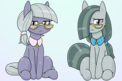 Size: 1138x752 | Tagged: safe, artist:batipin, imported from derpibooru, limestone pie, marble pie, earth pony, pony, alternate hairstyle, duo, glasses, older limestone pie, older marble pie, sitting