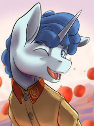 Size: 1560x2100 | Tagged: safe, artist:tofuslied-, imported from derpibooru, party favor, pony, unicorn, equestria at war mod, bust, clothes, communism, equality, looking at you, one eye closed, open mouth, open smile, portrait, smiling, solo, uniform, wink, winking at you