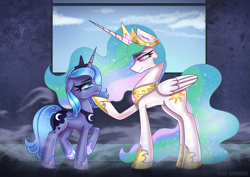 Size: 9167x6500 | Tagged: safe, artist:opal_radiance, imported from derpibooru, princess celestia, princess luna, alicorn, pony, friendship is magic, absurd file size, absurd resolution, crown, crying, floppy ears, forgiveness, hoof shoes, jewelry, raised hoof, regalia, royal sisters, s1 luna, siblings, sisters, younger