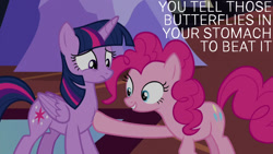 Size: 1280x720 | Tagged: safe, edit, edited screencap, editor:quoterific, imported from derpibooru, screencap, pinkie pie, twilight sparkle, alicorn, earth pony, pony, party pooped, season 5, female, mare, smiling, twilight sparkle (alicorn), twilight's castle