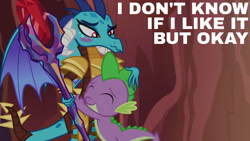 Size: 1280x720 | Tagged: safe, edit, edited screencap, editor:quoterific, imported from derpibooru, screencap, princess ember, spike, dragon, gauntlet of fire, season 6, bloodstone scepter, blushing, cute, dragon armor, dragon lord ember, duo, emberbetes, eyes closed, female, hug, male, smiling, spikabetes, tsundember, tsundere