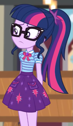 Size: 331x567 | Tagged: safe, imported from derpibooru, screencap, sci-twi, twilight sparkle, equestria girls, equestria girls series, holidays unwrapped, spoiler:eqg series (season 2), clothes, cropped, geode of telekinesis, glasses, magical geodes, ponytail, skirt, solo, the cider louse fools