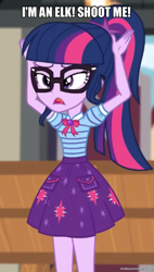 Size: 647x1140 | Tagged: safe, edit, edited screencap, imported from derpibooru, screencap, sci-twi, twilight sparkle, equestria girls, equestria girls series, holidays unwrapped, spoiler:eqg series (season 2), caption, image macro, looney tunes, meme, text, the cider louse fools