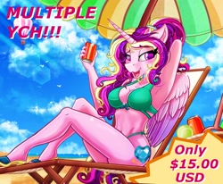 Size: 2250x1850 | Tagged: safe, artist:stainedglasslighthea, imported from derpibooru, princess cadance, alicorn, anthro, plantigrade anthro, alternate hairstyle, beach, beach chair, beach umbrella, bedroom eyes, belly button, bikini, bikini bottom, bikini top, breasts, busty princess cadance, can, chair, clothes, drink, feet, female, looking at you, midriff, open mouth, open smile, sand, sandals, smiling, soda can, solo, summer, swimsuit, ych example, your character here