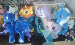 Size: 750x450 | Tagged: safe, artist:karadeg, derpibooru exclusive, imported from derpibooru, princess luna, queen chrysalis, rarity, starlight glimmer, sunset shimmer, trixie, equestria girls, irl, photo, plushie