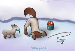 Size: 2199x1502 | Tagged: safe, artist:wevepon3, imported from derpibooru, oc, oc only, oc:frosty flakes, dog, earth pony, fish, magikarp, pony, face down ass up, ice fishing, pokémon, snow, snow mare, snowpony (species), solo, taiga pony, water, yakutian horse