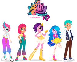 Size: 1280x1034 | Tagged: safe, artist:annaxeptable, imported from derpibooru, hitch trailblazer, izzy moonbow, pipp petals, sunny starscout, zipp storm, equestria girls, equestria girls-ified, g5, g5 to equestria girls, mane five (g5), phone, simple background, sleeveless, transparent background