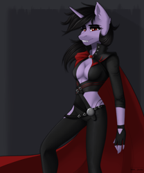 Size: 2000x2400 | Tagged: safe, artist:villjulie, imported from derpibooru, oc, oc:astra nova, anthro, unicorn, vampire, vampony, absolute cleavage, boob window, breasts, cape, cleavage, clothes, commission, ear fluff, female, high res, mare, older, simple background, solo, ych result