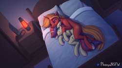 Size: 3000x1667 | Tagged: safe, artist:phenya, imported from derpibooru, oc, oc only, pony, unicorn, bed, bedroom, blanket, clock, colored pupils, commission, cuddling, eyebrows, eyebrows visible through hair, floppy ears, horn, indoors, lava lamp, lidded eyes, looking at each other, looking back, lying down, on side, pillow, smiling, smirk, spooning, unshorn fetlocks