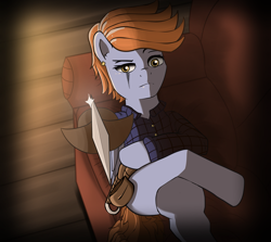 Size: 1347x1200 | Tagged: safe, artist:undisputed, imported from derpibooru, oc, oc only, oc:axel flex, pegasus, pony, alternate universe, belt, clothes, couch, fanfic, fanfic art, looking at you, lying down, male, offscreen character, pegasus oc, scar, shirt, solo, stallion, sword, weapon