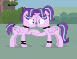 Size: 306x236 | Tagged: safe, artist:forgalorga, edit, edited screencap, editor:fluttershyisnot adoormat, imported from derpibooru, screencap, starlight glimmer, alicorn, pony, alicornified, choker, duality, edgelight glimmer, goth, looking at each other, race swap, starlicorn, starlight's world, tail, tail wrap, wristband