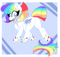 Size: 1280x1231 | Tagged: safe, artist:ladylullabystar, imported from derpibooru, oc, oc only, oc:vanilla sprinkles, pegasus, pony, butt, chest fluff, colored pupils, female, knife, mare, mouth hold, multicolored hair, plot, rainbow hair, solo