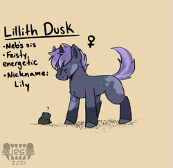 Size: 695x673 | Tagged: safe, artist:sursiq, imported from derpibooru, oc, oc only, oc:lilith dusk, frog, pony, unicorn, fallout equestria, blank flank, cute, fallout equestria oc, female, foal, horn, solo, text, unicorn oc