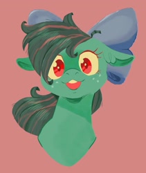 Size: 1730x2048 | Tagged: safe, artist:pastacrylic, imported from derpibooru, oc, oc only, pony, bow, bust, floppy ears, freckles, hair bow, looking at you, open mouth, smiling, solo