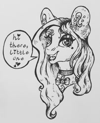 Size: 871x1080 | Tagged: safe, artist:skior, imported from derpibooru, oc, oc only, pony, bust, choker, ear fluff, female, heart eyes, jewelry, mare, mole, monochrome, open mouth, open smile, pendant, portrait, smiling, solo, speech bubble, traditional art, wingding eyes