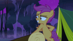 Size: 498x280 | Tagged: safe, imported from derpibooru, screencap, scootaloo, pegasus, pony, season 3, sleepless in ponyville, animated, bipedal, bipedal leaning, blinking, female, filly, gif, grin, leaning, lidded eyes, looking sideways, smiling, solo, tent