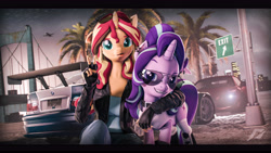 Size: 9600x5400 | Tagged: safe, artist:calveen, artist:imafutureguitarhero, imported from derpibooru, starlight glimmer, sunset shimmer, anthro, pony, unicorn, art pack:fun n games artpack, 3d, :p, absurd resolution, alternate hairstyle, anthro with ponies, arm around neck, audi, audi r8, aviator sunglasses, black bars, bmw, bmw m3 gtr, boots, bridge, car, cheek fluff, chest freckles, clothes, colored eyebrows, colored eyelashes, duo, duo female, ear fluff, ear piercing, fangs, female, fingerless gloves, fluffy, freckles, fur, glasses, gloves, grin, horn, jacket, jeans, jewelry, kneeling, leather gloves, leather jacket, looking at you, mare, multicolored hair, multicolored mane, multicolored tail, need for speed, need for speed: most wanted, nose wrinkle, outdoors, palm tree, pants, peace sign, peppered bacon, piercing, plane, raised eyebrow, revamped anthros, revamped ponies, shirt, shoes, signature, smiling, socks, source filmmaker, sunglasses, tongue out, tree, wall of tags