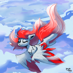 Size: 4000x4000 | Tagged: safe, artist:ami-gami, imported from derpibooru, oc, oc only, oc:making amends, pegasus, pony, colored wings, commission, eyes closed, flying, solo, two toned wings, wings, ych result