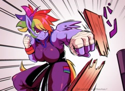 Size: 1559x1134 | Tagged: safe, artist:traupa, imported from derpibooru, rainbow dash, anthro, pegasus, bandage, break, breasts, busty rainbow dash, punch, speedpaint, wood