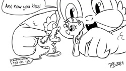 Size: 1200x675 | Tagged: safe, artist:pony-berserker, imported from derpibooru, rarity, spike, pony, derpibooru, cursed, cursed image, meta, monochrome, now kiss, pony-berserker's twitter sketches, tags, toy, wide eyes