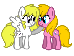 Size: 1024x768 | Tagged: safe, artist:thechocolatesea, imported from derpibooru, shady, surprise, earth pony, pegasus, pony, adoraprise, cute, female, g1, g1 shadybetes, g1 to g4, g4, generation leap, head up, lesbian, mare, shadyprise, shipping, simple background, smiling, transparent background, vector