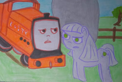 Size: 1280x867 | Tagged: safe, artist:dex stewart, imported from derpibooru, limestone pie, earth pony, pony, holder's boulder, rusty, thomas and friends, thomas the tank engine, traditional art