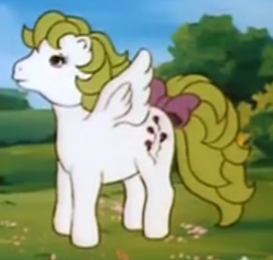 Size: 295x281 | Tagged: safe, imported from derpibooru, screencap, surprise, pegasus, pony, my little pony 'n friends, the great rainbow caper, adoraprise, bow, cropped, cute, female, g1, mare, solo, surprise (g1), tail bow