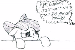 Size: 3161x2112 | Tagged: safe, artist:derpsickle, imported from derpibooru, apple bloom, applejack, earth pony, pony, female, filly, high res, mare, offscreen character, sketch, solo, speech bubble